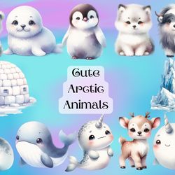Watercolor Nursery Arctic Animals Clipart,PNG format, Baby Room Decor, Polar Creatures, Children's Art, Digital Download