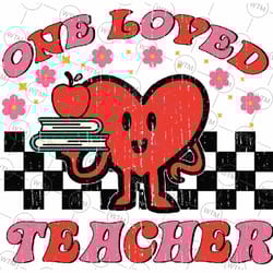 valentines day one loved teacher retro groovy heart women svg png, one loved teacher png, valentines day, sublimation de