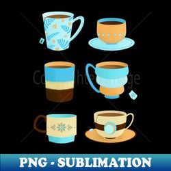 Blue and tan retro tea cups - Exclusive PNG Sublimation Download - Bring Your Designs to Life
