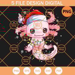 axolotl santa hat christmas lights , axolotl cute chibi , christmas snow flakes
