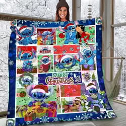 christmas gift, stitch christmas quilt, stitch merry christmas quilt, funny stitch family quilt, cute stitch quilt, lilo