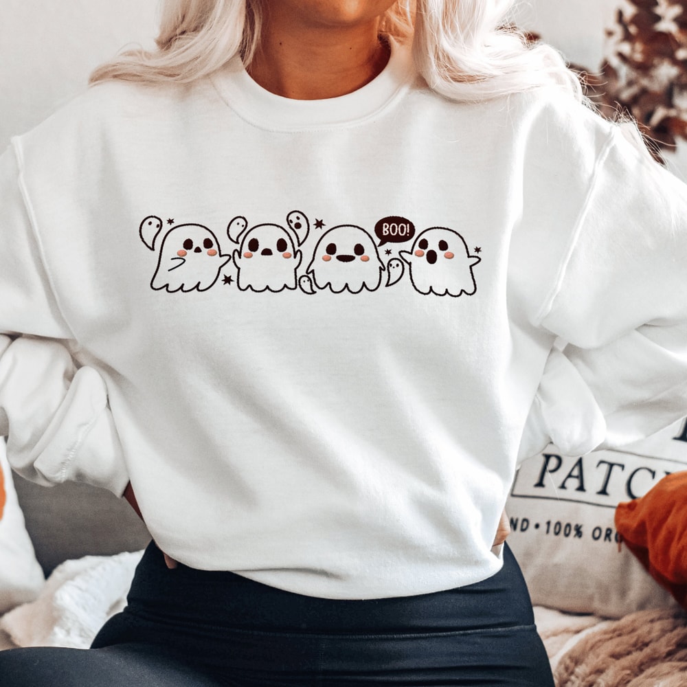 Embroidered Ghost Sweatshirt, Halloween Sweatshirt, Black Cat, Fall Sweatshirt for Women, Halloween Crewneck, Ghost Shirt, Spooky Season.jpg