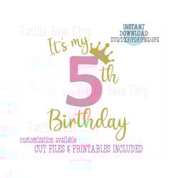 5th birthday svg | 5th birthday printable | it's my 5th birthday | birthday princess svg | number with crown svg | 5th birthday girl svg