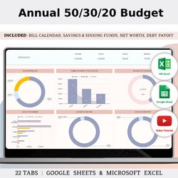 50/30/20 Annual Budget Spreadsheet Template For Excel And Google Sheets, Yearly Budget Planner