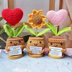 positive energy hug pocket heart flower potted plants handmade plush wool knitting doll with card