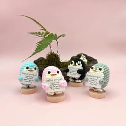 cute smiling penguin doll mini animal knitted ornament hand woven doll with positive card