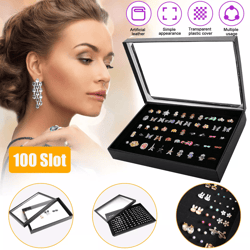 jewelry ring display organizer case with slots, stackable tray holder earrings storage box for home & store use