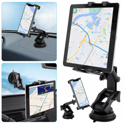 car tablet mount phone holder for windshield & dashboard, rotating ipad iphone gps stand with ultra-sticky suction pad
