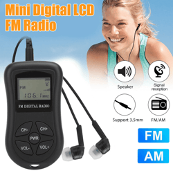 portable pocket mini digital fm radio lcd display, stereo receiver w/ earphones, ideal for travel, walks & events
