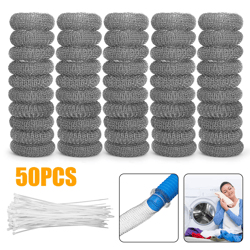 washing machine lint drain filter screen, steel wire mesh traps with ties for hoses, prevents clogs in sink or tub drain
