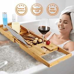 bamboo bath tray table bathtub caddy tray, adjustable over the tub shelf bath holder desk with wine, book, & phone slot