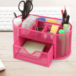 metal mesh pink desk organizer, desktop pen pencil holder storage tray with drawer for office, school & home