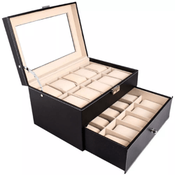 large slot leather watch box case organizer with glass display, stylish jewelry storage for watches and accessories