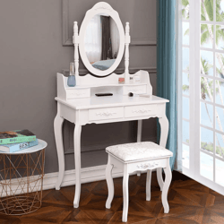 white vanity dressing table set with mirror & stool 4 drawer makeup desk for bedroom, elegant mdf wood vanity furniture