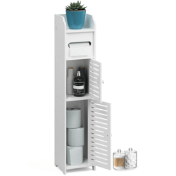 freestanding bathroom storage cabinet with door and shelves, compact toilet paper organizer for tight spaces