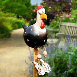 funny big eyed chicken statue, long foot hen sculpture for garden, fence & lawn, wooden stake decoration