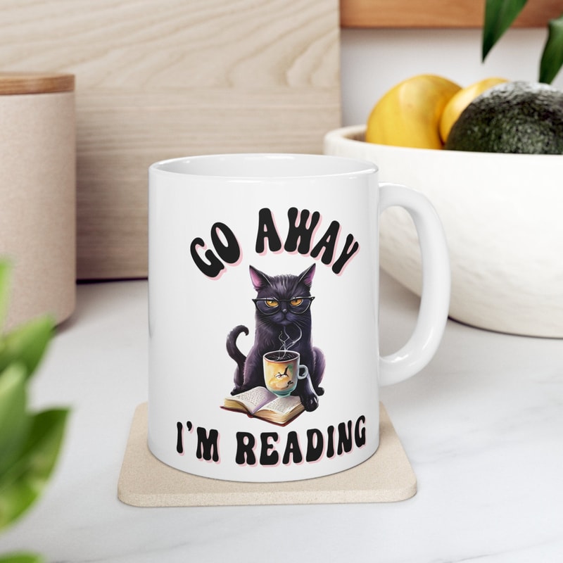 Go Away I'm Reading Ceramic Mug, Black Cat And Books Coffee Mug, Book Lover Coffee Cup, Cat Lover, I Love Reading Mug, Books And Cats.jpg