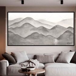 gray warm mountains wall art black and white abstract panoramic landscape nature big canvas painting, modern home decor