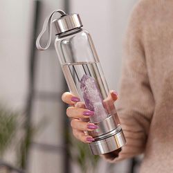 healing quartz water bottle with gemstone center, stainless steel natural crystal energy cup, magic bottle for wellness