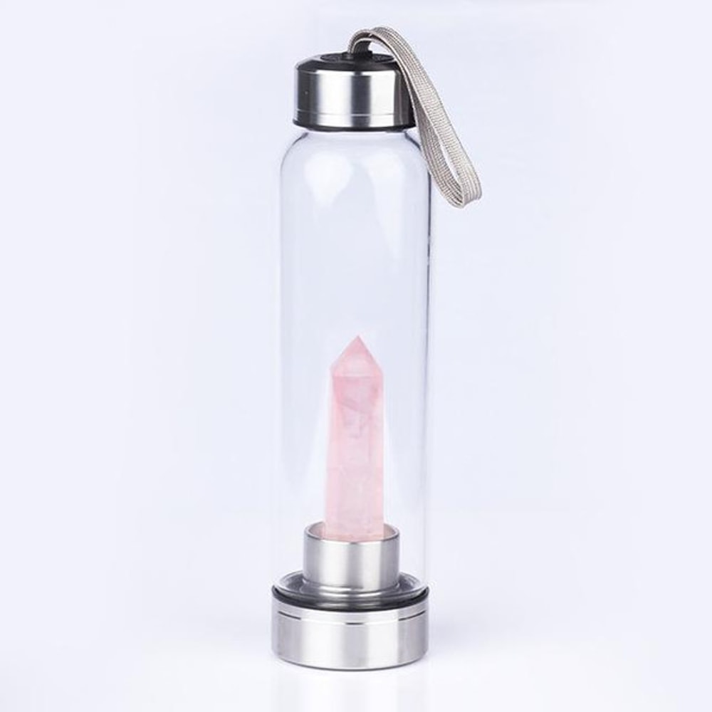 Healing Natural Quartz Water Bottle – Elegant Glass and Stainless Steel, Enhances Well-Being, Hand Wash Only Rose Quartz