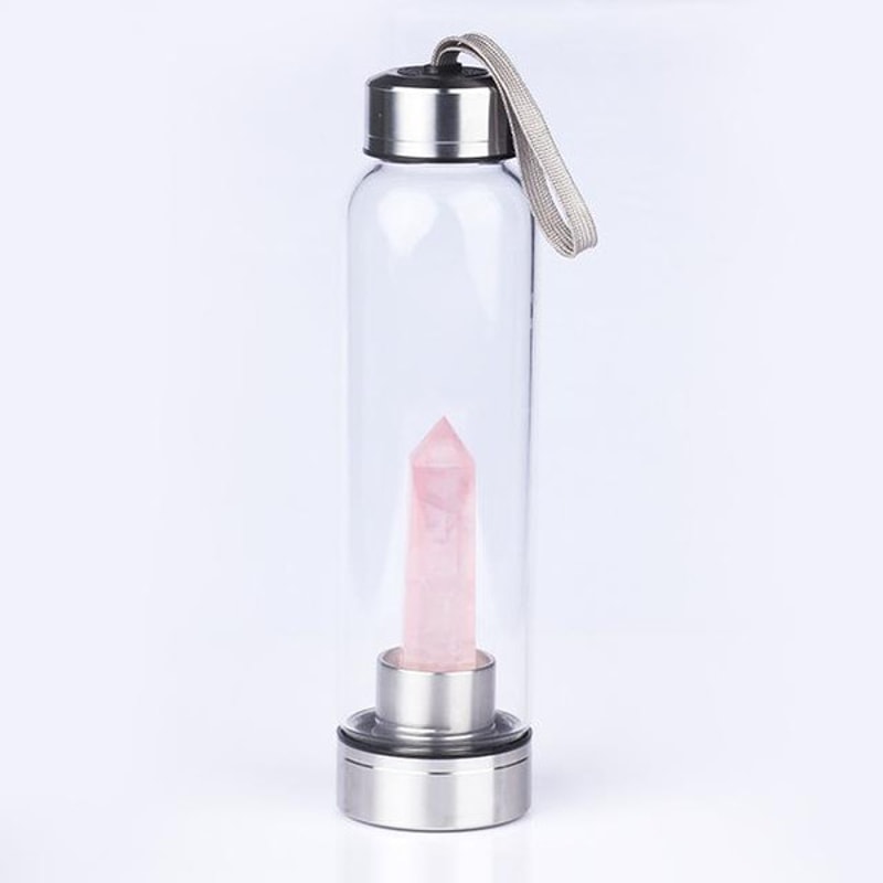 Healing Natural Quartz Water Bottle – Elegant Glass and Stainless Steel, Enhances Well-Being, Hand Wash Only Rose Quartz