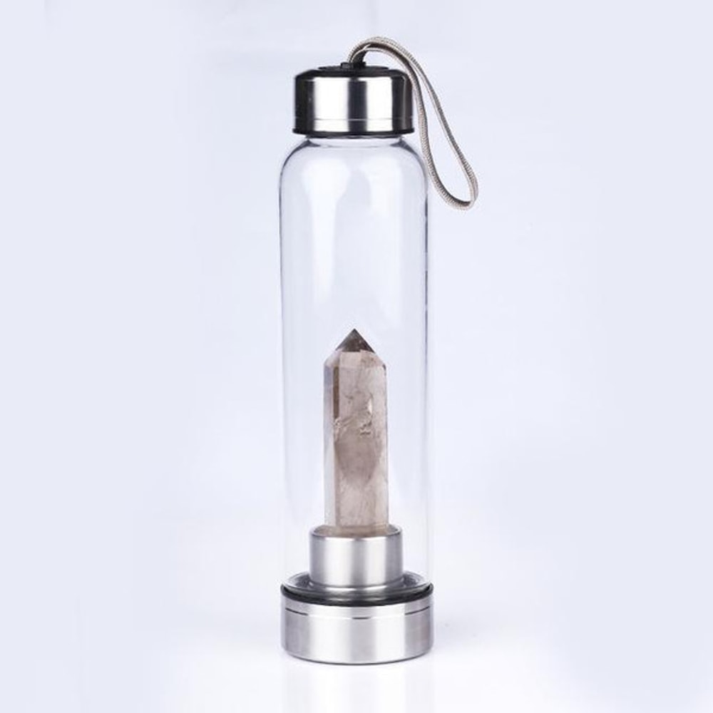 Healing Natural Quartz Water Bottle – Elegant Glass and Stainless Steel, Enhances Well-Being, Hand Wash Only Smoky Quartz
