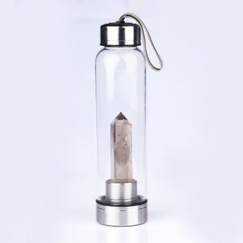 Healing Natural Quartz Water Bottle – Elegant Glass and Stainless Steel, Enhances Well-Being, Hand Wash Only Smoky Quartz