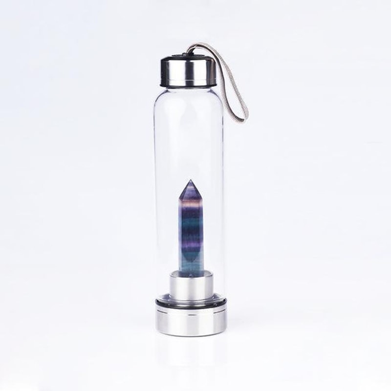 Healing Natural Quartz Water Bottle – Elegant Glass and Stainless Steel, Enhances Well-Being, Hand Wash Only Fluorite