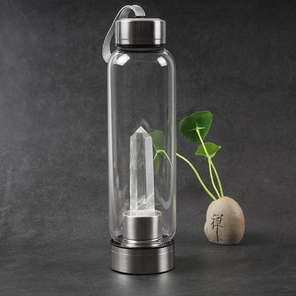Healing Natural Quartz Water Bottle – Elegant Glass and Stainless Steel, Enhances Well-Being, Hand Wash Only clear quartz