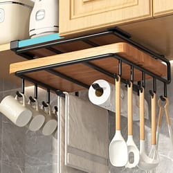 under cabinet kitchen hanging organizer rack with hooks for cutting boards, paper towels, and pot covers