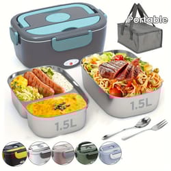 portable electric lunch box 1.5l 60w, homefish food warmer with leak-proof 304 stainless steel liner for car & home use