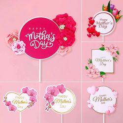 5pcs Pink Heart Flower Mother's Day Cake Toppers - Birthday Party Dessert Decor