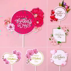 5pcs pink heart flower mother's day cake toppers - birthday party dessert decor
