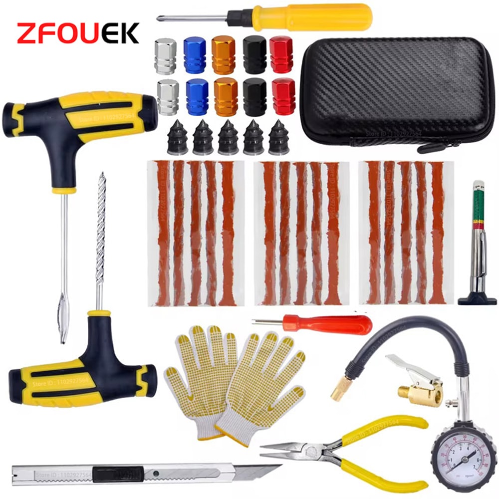 Car Tire Repair Kit Emergency Puncture Plug Tools for Quick Tyre Fix Includes Tire Strips Glue