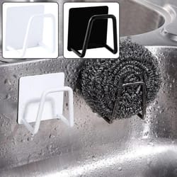 stainless steel kitchen sink sponge holder with drain basket, cleaning brush hook, and wall organizer