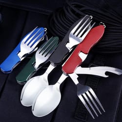 multifunctional stainless steel camping cutlery set - foldable, pocket-sized