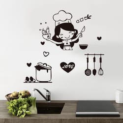 happy chef girl cooking wall sticker - diy kitchen decor for restaurant, bar, dining room, fridge, and more!