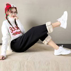 women winter warm leggings fleece lined thick trousers for cold weather, plus size, solid color casual pants