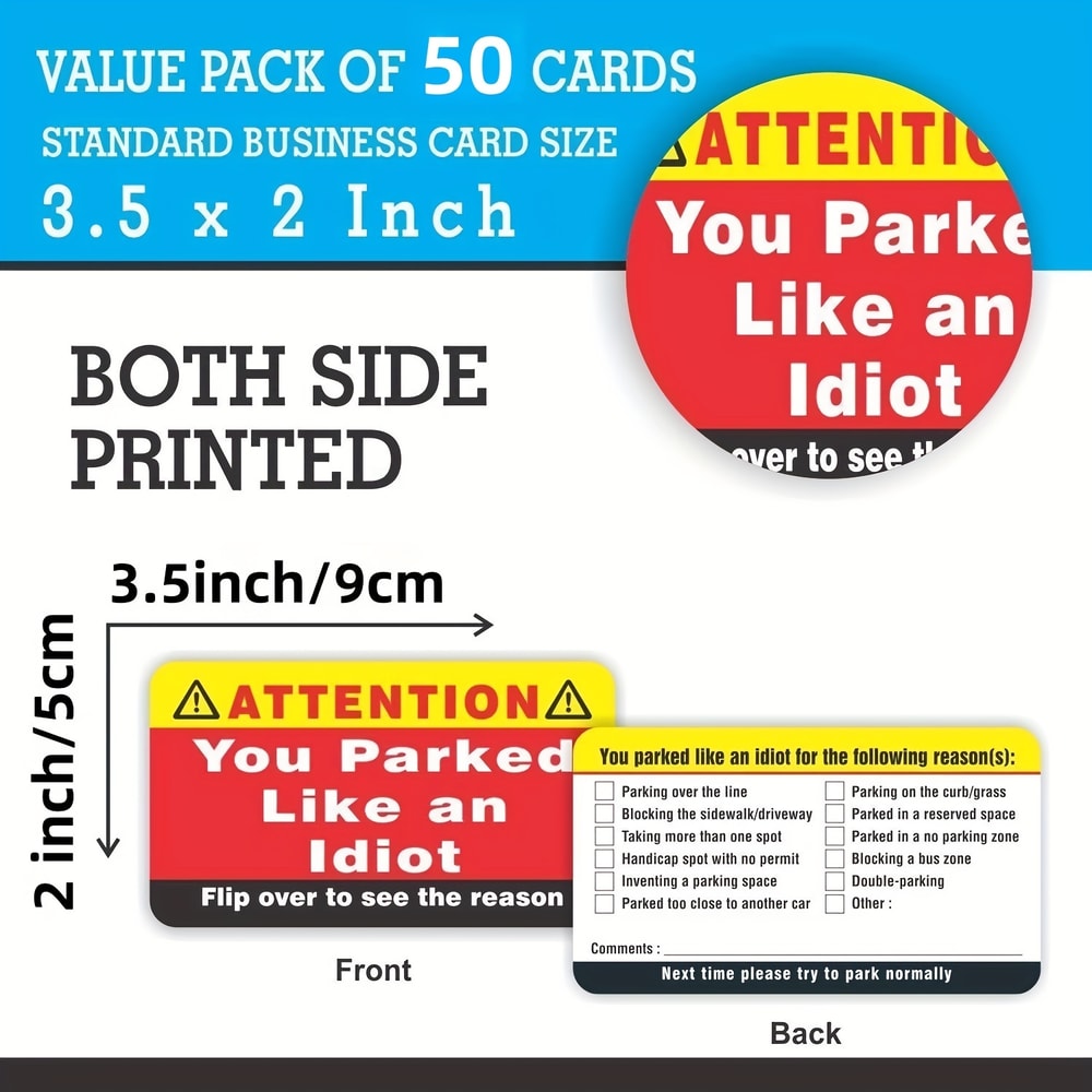 You Park Like an Idiot Cards – 50-Pack Multiple Reason Violation Notices – Hilarious Bad Parking Gag Gift for Adults