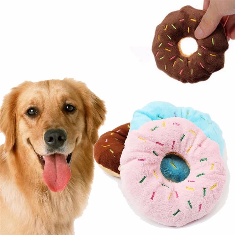 Soft Dog Donuts Plush Chew Toy – Interactive Puppy Toy with Squeaker Sound for Small & Medium Dogs
