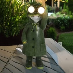 adorable solar-powered raincoat frog statue, waterproof cute animal sculpture, miniature outdoor figurine, craft resin