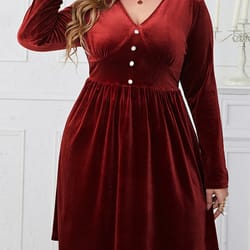 elegant red velvet dress, plus size, v neck long sleeve, curvy dresses for women, autumn and spring