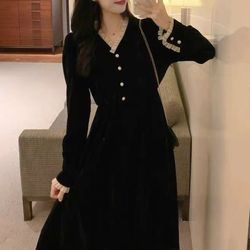 retro black velvet dress, hepburn style v neck, slim fit long skirt for autumn winter