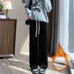 winter women fleece pants, wide leg trousers, thicken warm elastic waist, casual loose long bottoms