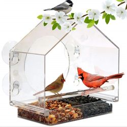 Acrylic Clear Glass Window Bird Feeder - Hanging Birdhouse for Table, Seed, Peanut, Suction Cup Feeding
