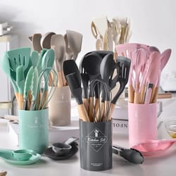 12pcs silicone cooking utensils set with wooden handle - non-stick cookware spatula, shovel, egg beaters | kitchenware