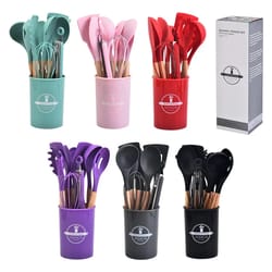 12-piece silicone kitchen utensils set with wooden handles - non-stick cooking pot kitchenware bundle with storage bucke