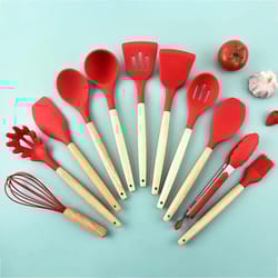 12pcs/set wooden handle silicone kitchen utensils with storage bucket - high temperature resistant and non-stick pot spa