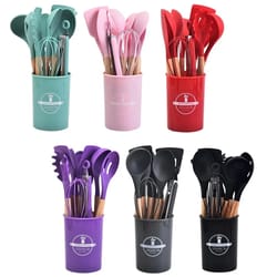 12-piece silicone kitchen utensils set with wooden handles - non-stick cooking pot kitchenware in storage bucket