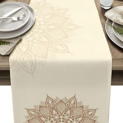 Mandala Flowers Linen Table Runner - Farmhouse Kitchen Decoration for Holiday Parties
